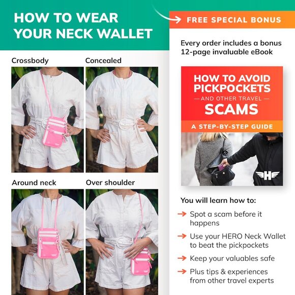 ✨Women Pink Neck Wallet Blocking Passport Holder Easy to Conceal Travel Pouch - Picture 6 of 6